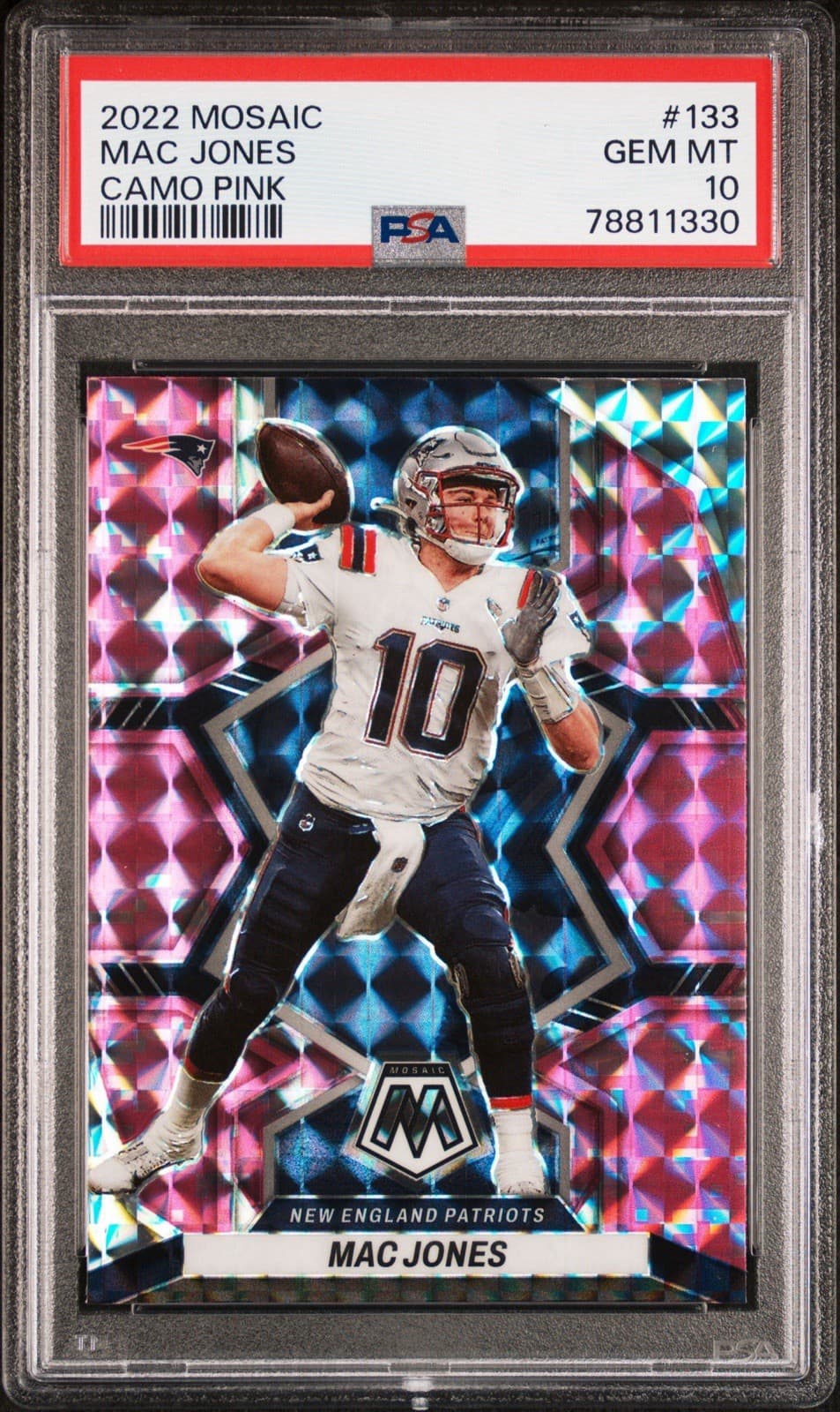 2022 Panini Mosaic Mac Jones #133- Camo Pink Mosaic Prizm. PSA 10 GEM MT. Pop 9!