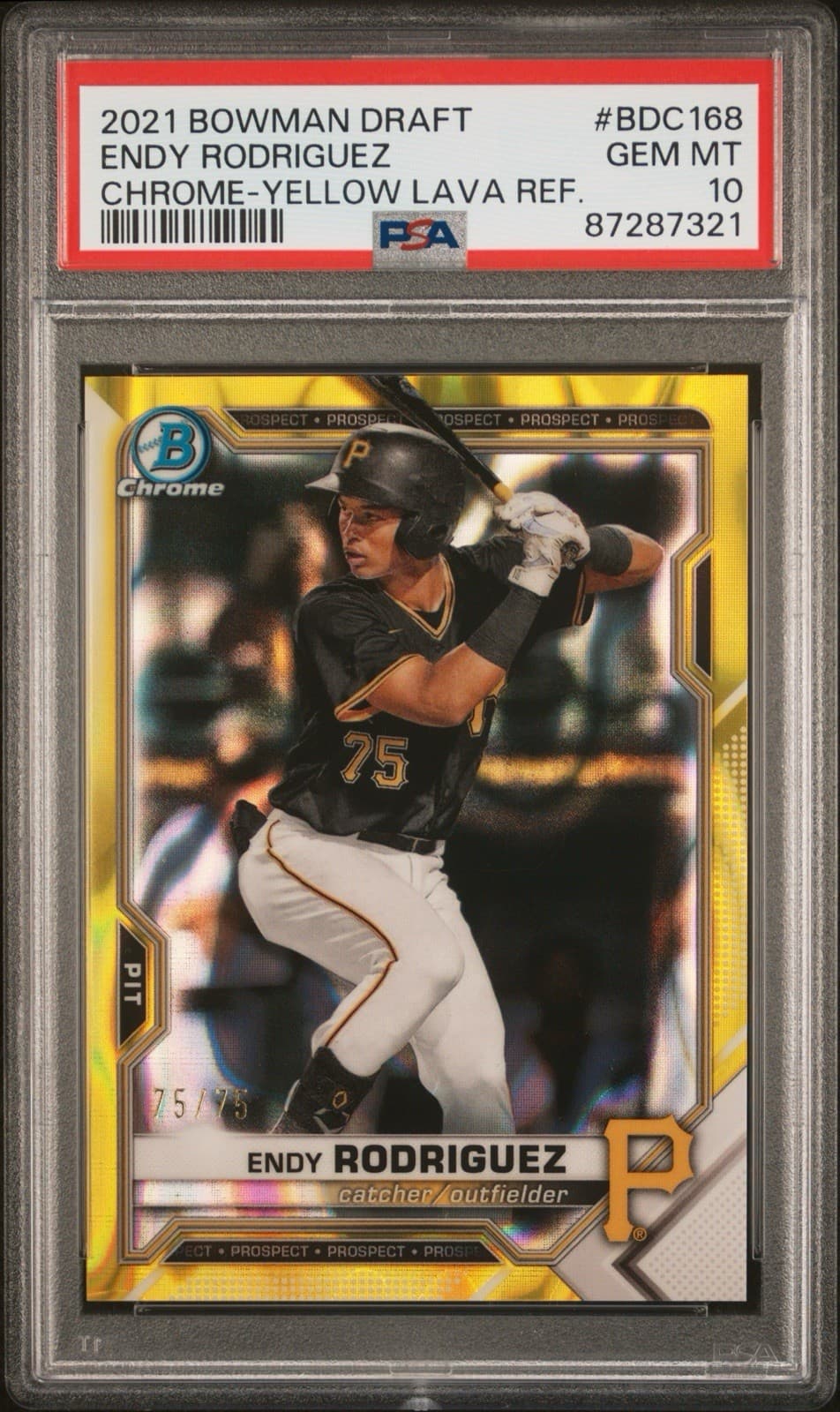2021 Bowman Draft - Endy Rodriguez - Chrome Yellow Lava 75/75 (Jersey #). PSA 10