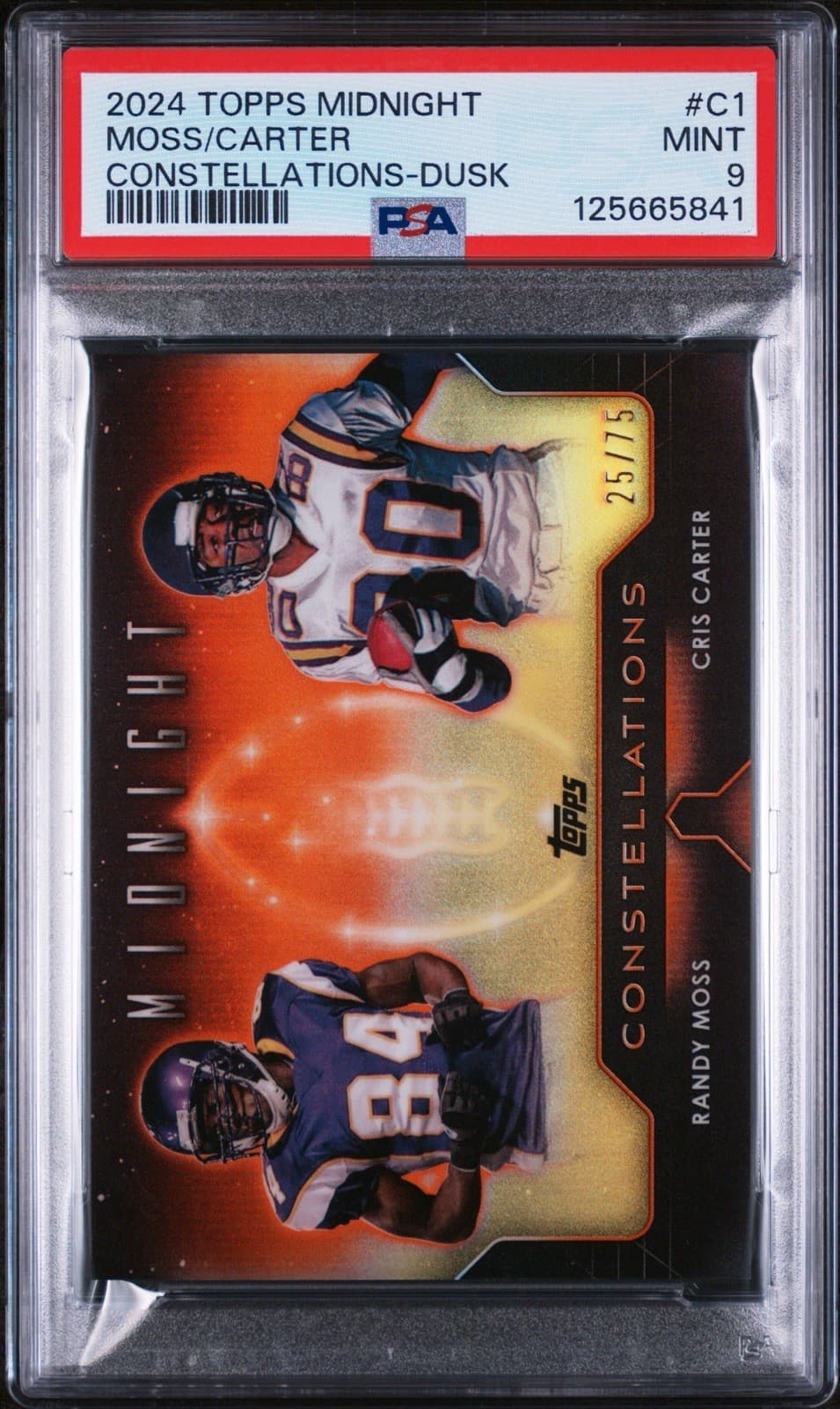 2024 Topps Midnight - Constellations Randy Moss/Cris Carter #C-1 Dusk /75. PSA 9