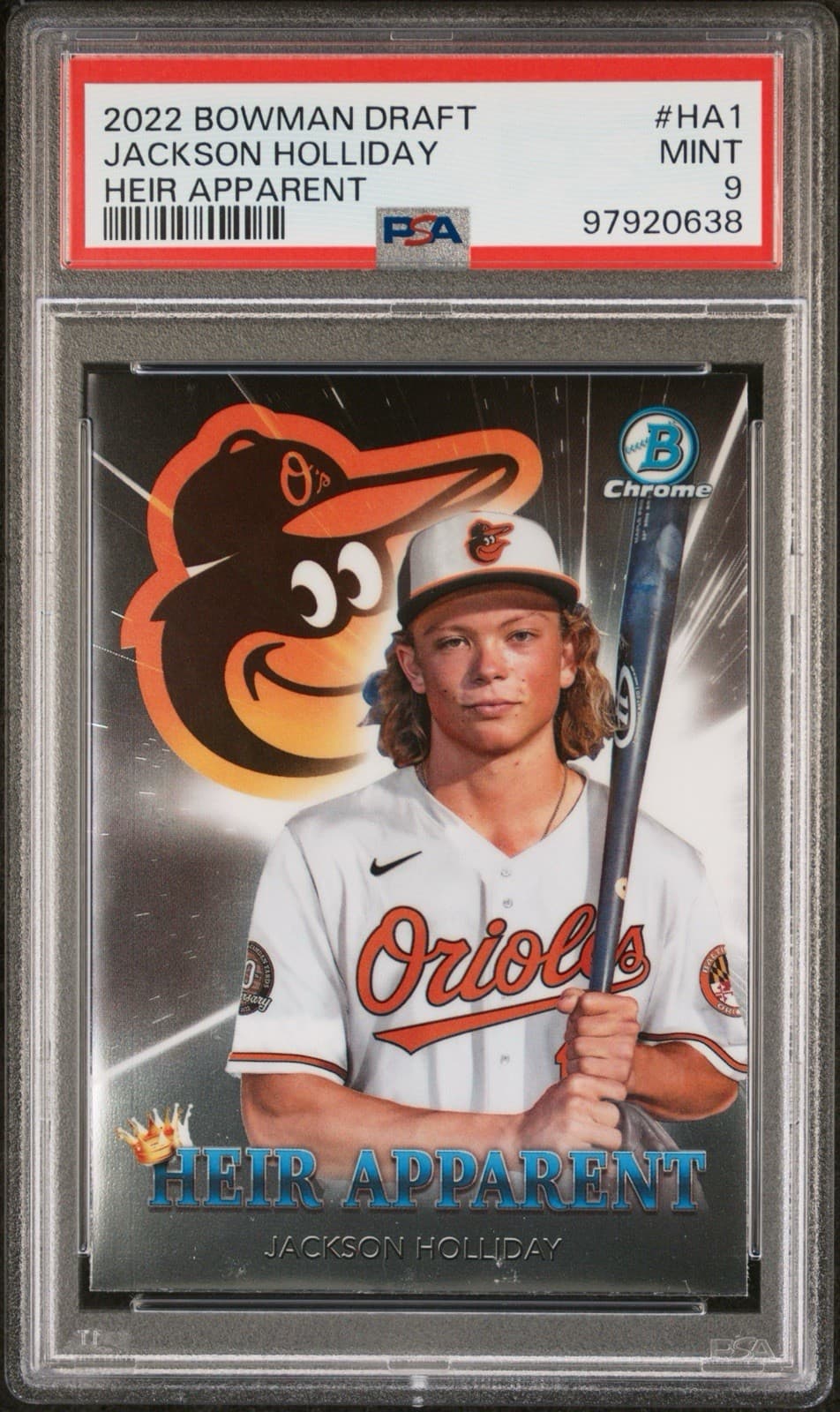 2022 Bowman Draft - Heir Apparent Jackson Holliday #HA-1 (RC). PSA 9 Mint.