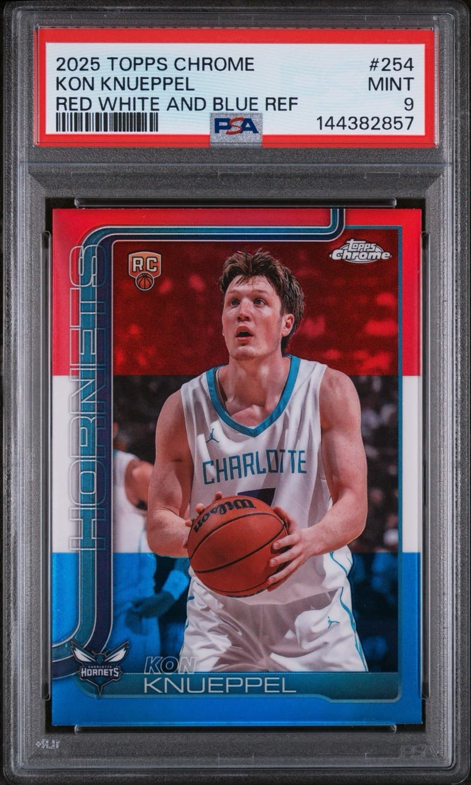 2025-26 Topps Chrome - Kon Knueppel #254 Red White & Blue Refractor (RC). PSA 9