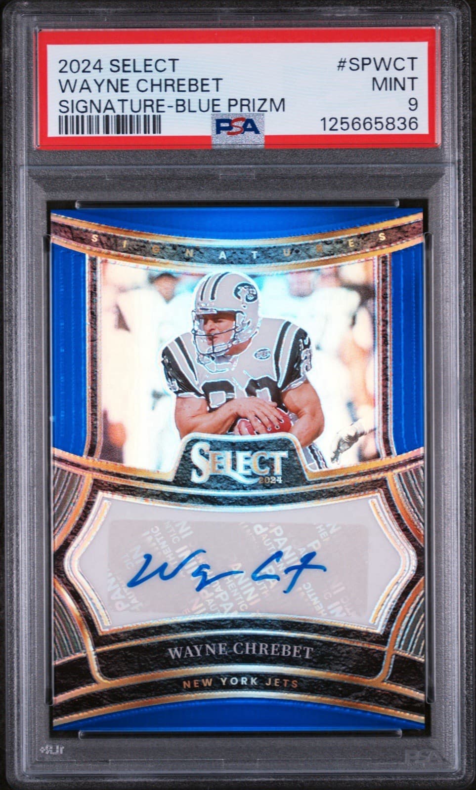 2024 Panini Select - Signatures Wayne Chrebet #SPWCT Blue Prizm /149. PSA 9 MINT