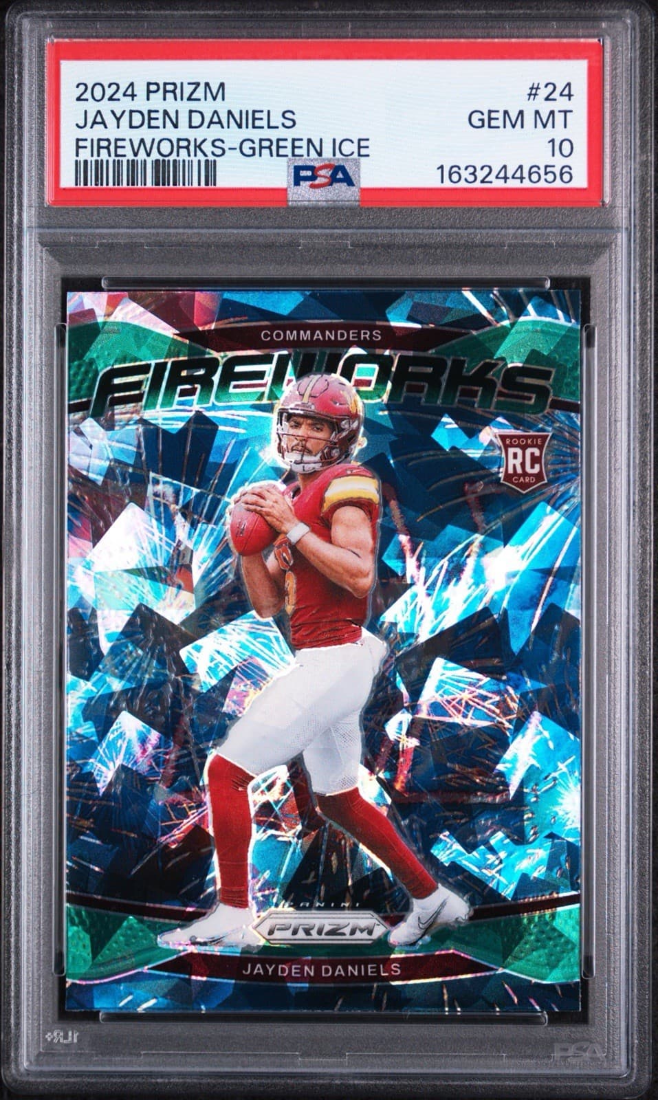 2024 Panini Prizm Jayden Daniels (RC) #24 Fireworks - Green Ice Prizm. PSA 10