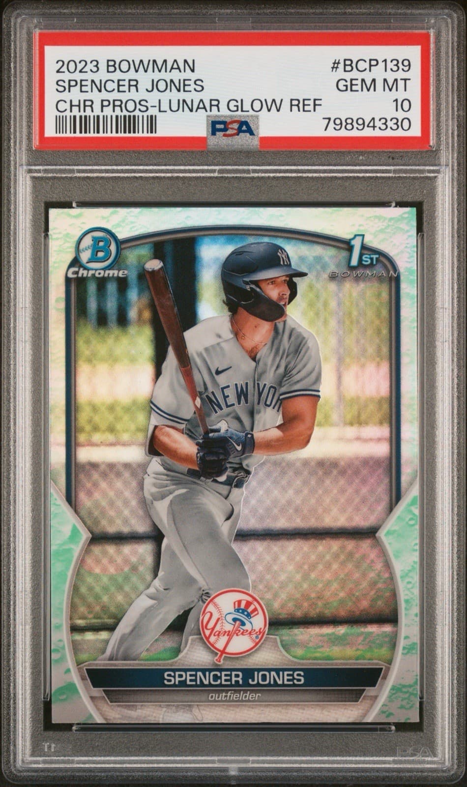 2023 Bowman - Spencer Jones Chrome Prospects Lunar Glow Refractor (RC). PSA 10.