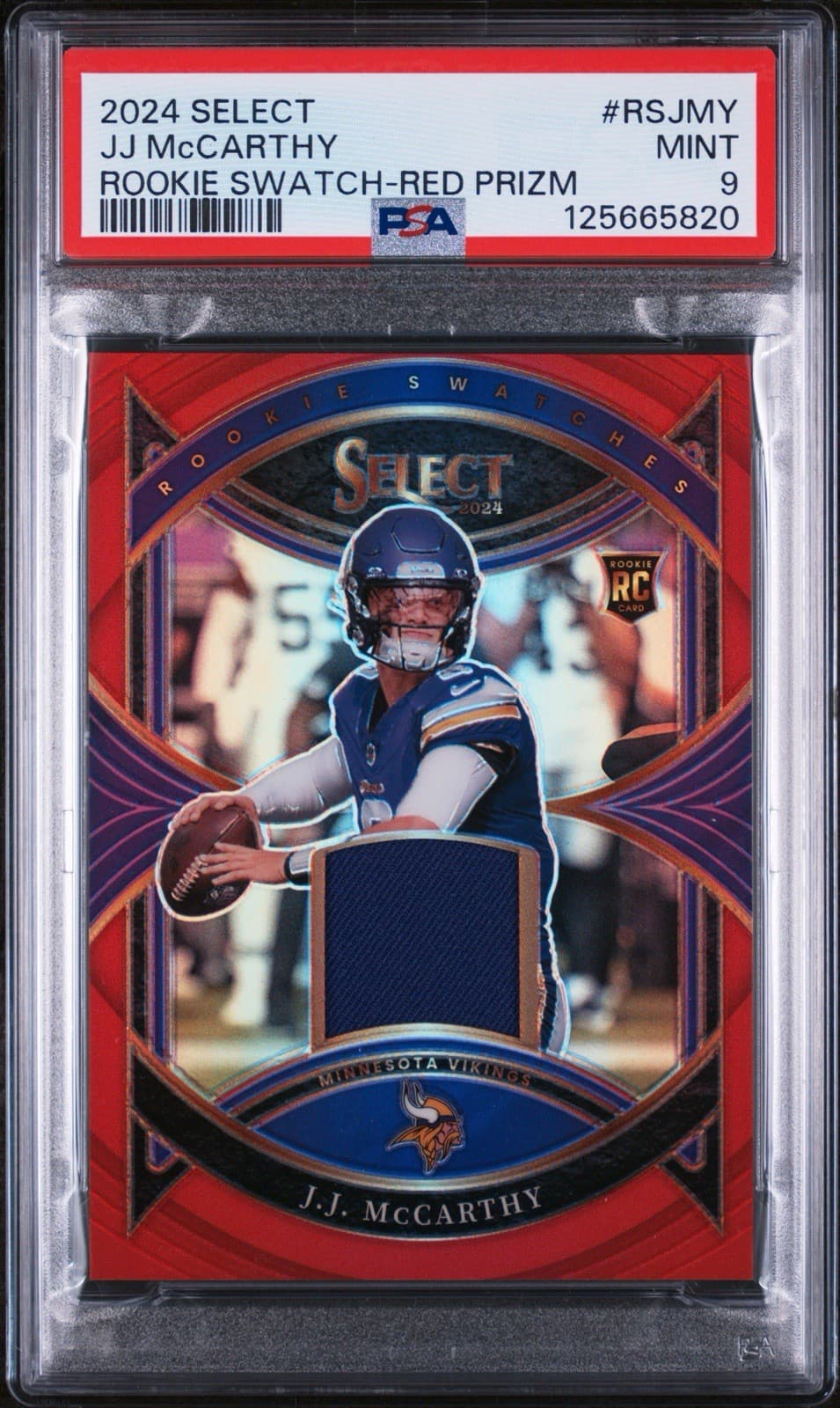 2024 Panini Select - Rookie Swatches J.J. McCarthy #RS-JMY Red Prizm (RC). PSA 9